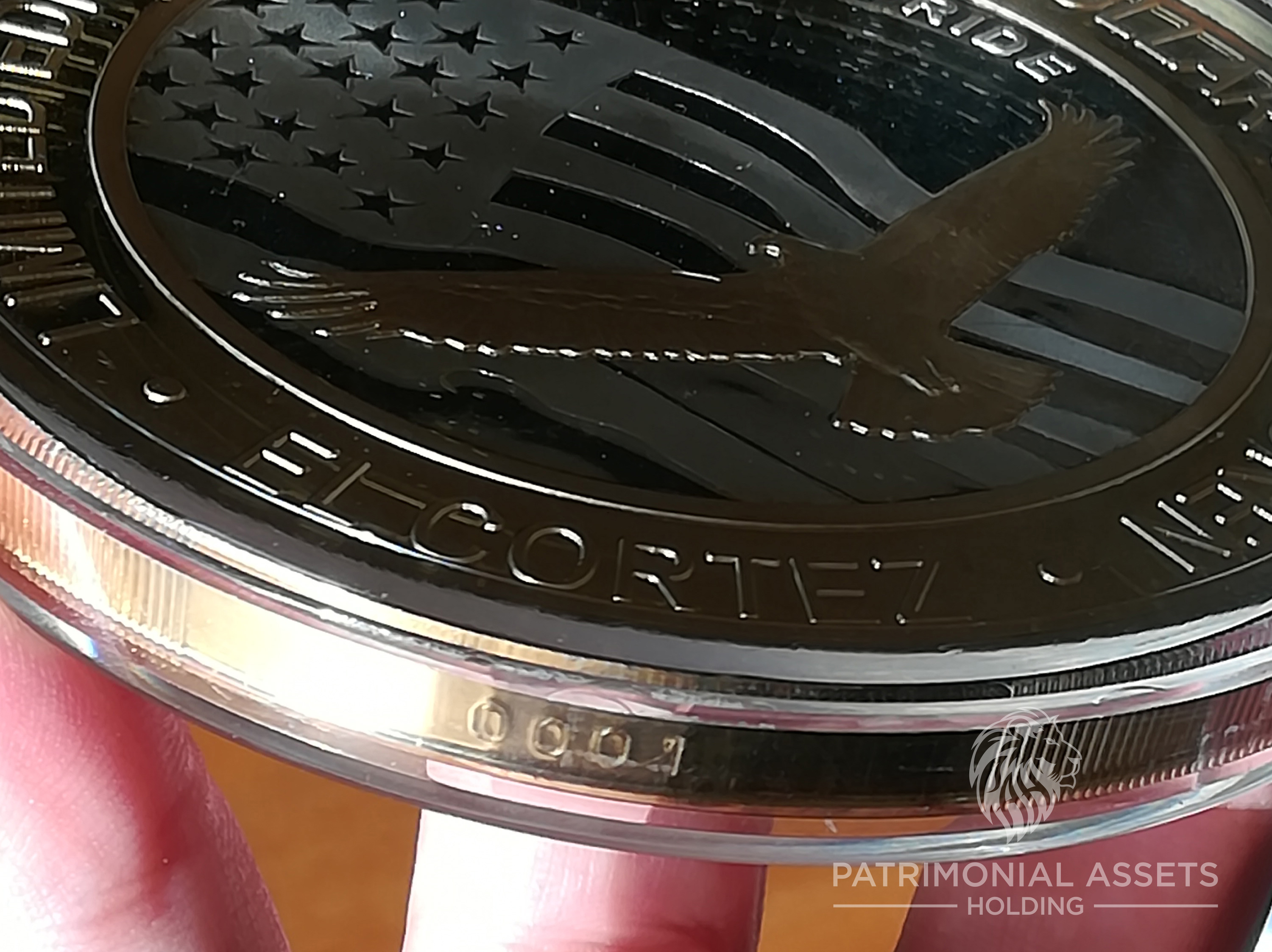 Eagle flying over American flag — 2003 — 24k HGE — Mint S — Serial #001 — Edge serial